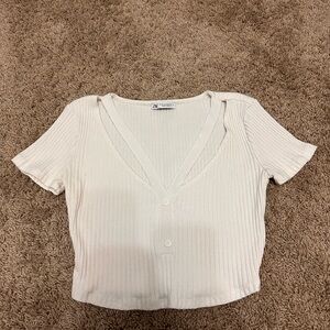 Zara White Ribbed Crop T-Shirt